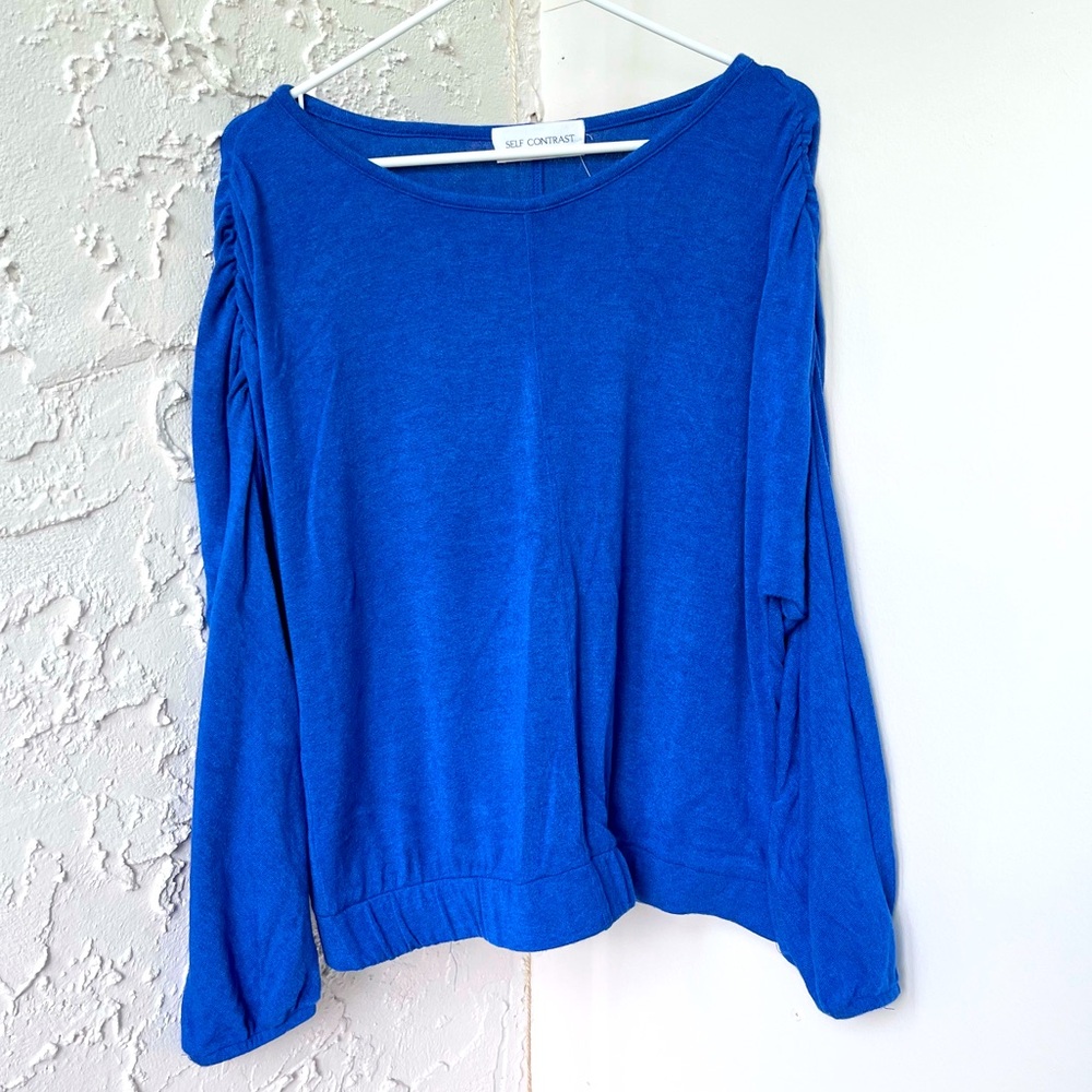 NWT Self Contrast Anthropologie - Bold Blue Ruched Sleeves Top